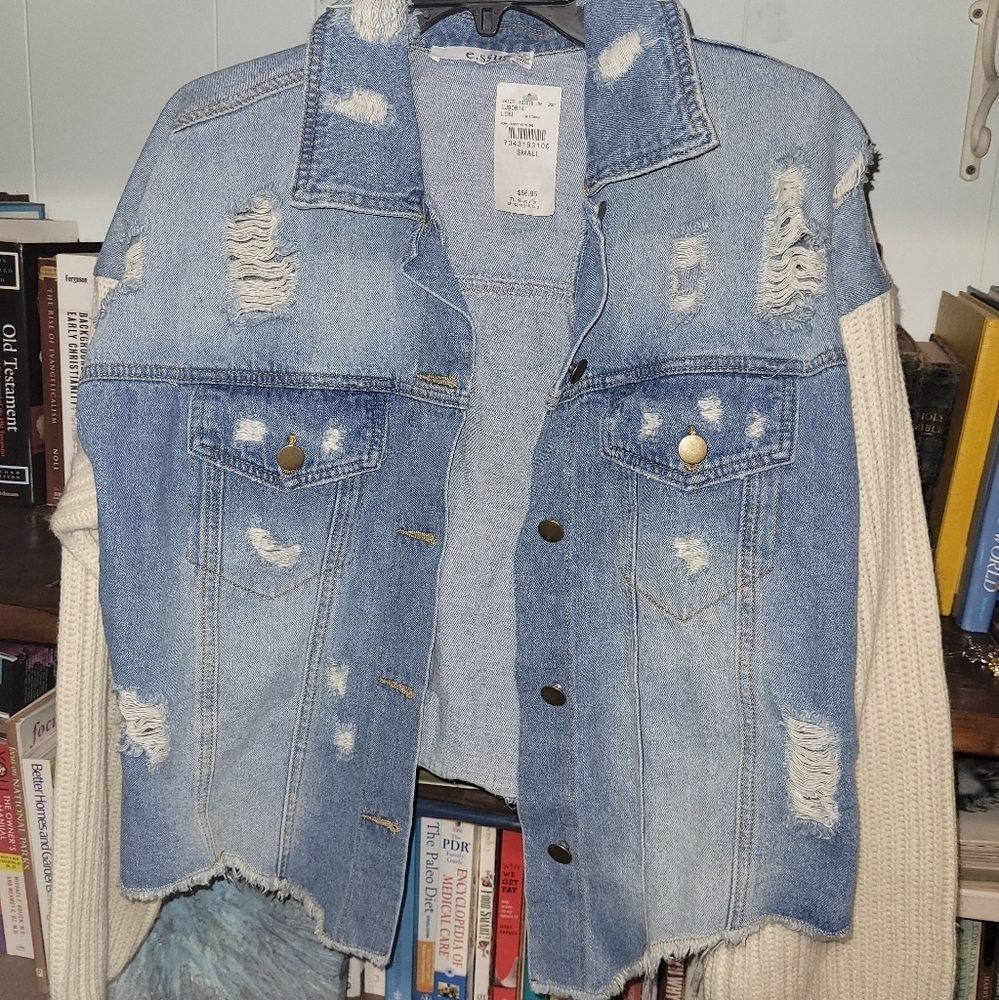 essue Light Blue Distressed Denim Jean Jacket with Cream Knit Sleeves